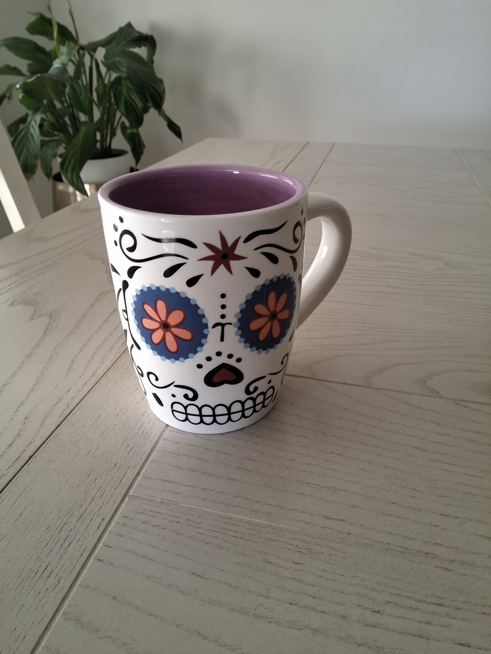 White Ceramic Sugar Skull Mug with Purple Interior
